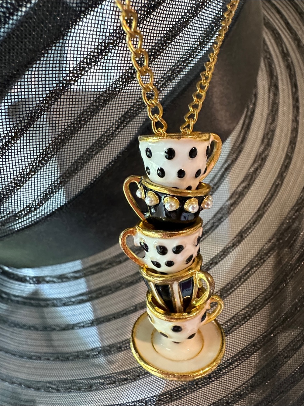 kate spade Gold-Tone Stacked Teacup Pendant Necklace with Black and White Enamel